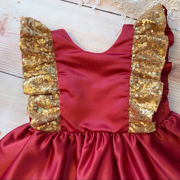 Boutique Girls Red Satin & Gold Sequin Dress - Picture 4 of 5
